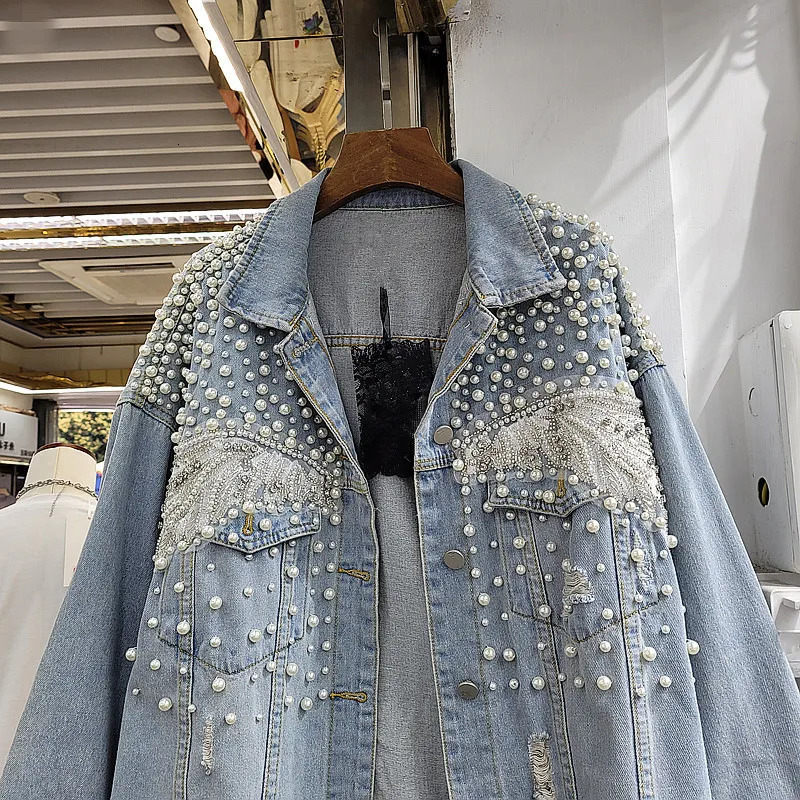 Heavy duty work pearl diamond denim jacket womens loose short denim jacket retro blue hole large pocket denim jacket womens jacket 241209