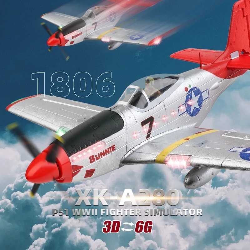 Electric/RC Aircraft XK A280 RC Plane 2.4G 4CH 3D6G Mode Aircraft P51 Fighter Simulator with LED Searchlight RC Airplane Toys for Children Adults Y241