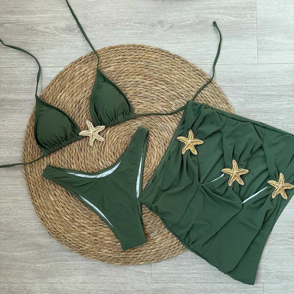 Sexy starfish 3 Pieces Bikinis 2025 Swimsuit For Women Black Swimwear Brazilian Bikini Set Biquini Fa Swimuits BeachwearXJ241212