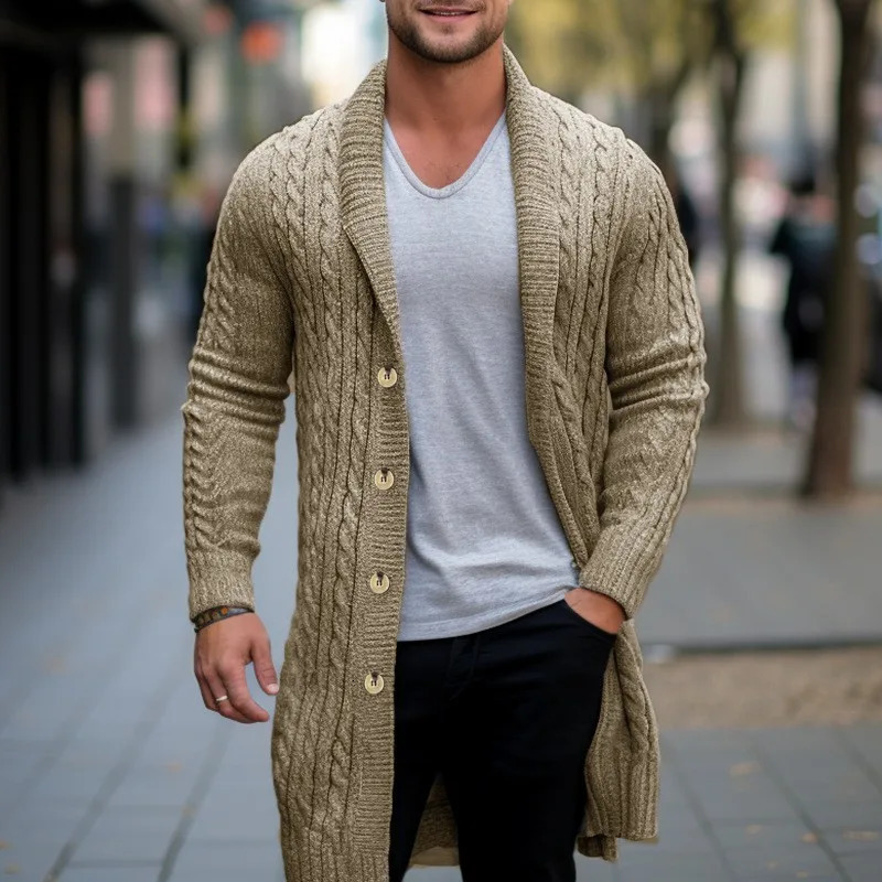 Winter Clothing Mens Knitted Jacquard Lengthen Cardigan Sweatercoat Casual High Street Pocket Long Sleeve Wool Coat Knitwear 241213