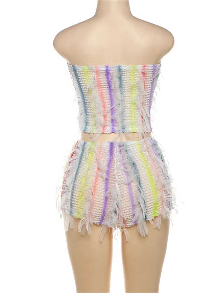 Women's Two Piece Pants WLWXR Summer Colorful Stripe Tassel 2 Piece Set Party Club Outfits Women 2024 Sexy Strapless Crop Tops And Shorts Matchin