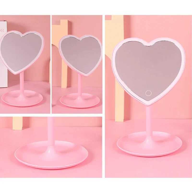 Heart Shape LED Makeup Mirror With 3 Colors Lighting and Stand Desktop Rechargeable Cosmetic Vanity Mirror Portable LightedXJ241213