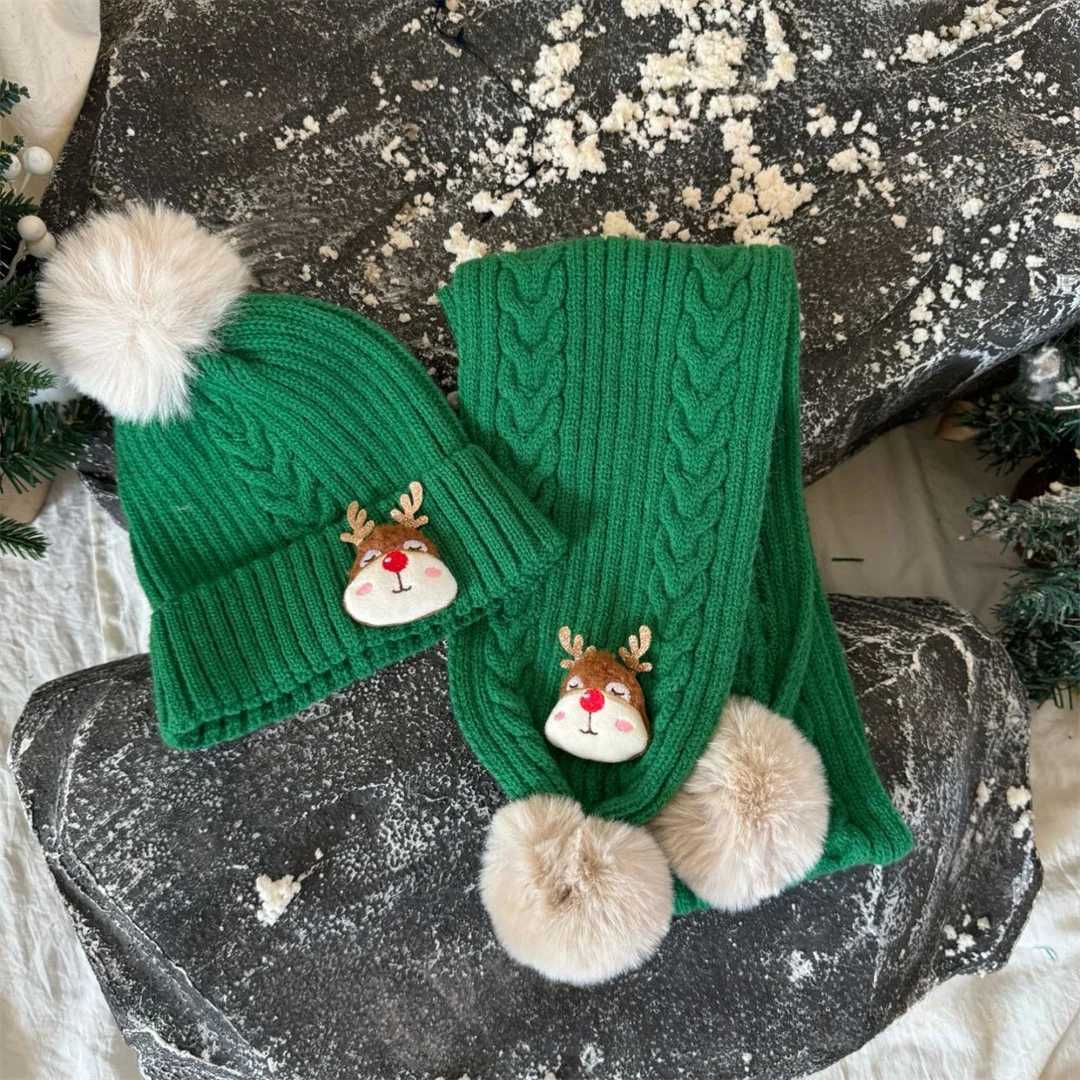 Scarves Wraps 2-piece Sets Christmas Childrens Hat and Scarf Sets Thicken Winter Baby Boys Girls Scarf Knitted Warm Windproof Baby Caps H241213