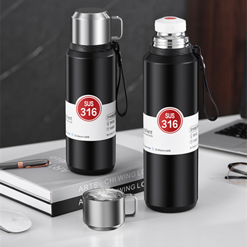 Large Capacity 316 Stainless Steel Thermos Cup, Portable Vacuum Flask, Insulated Tumbler With Rope, Water Bottle, 1500Ml W260226