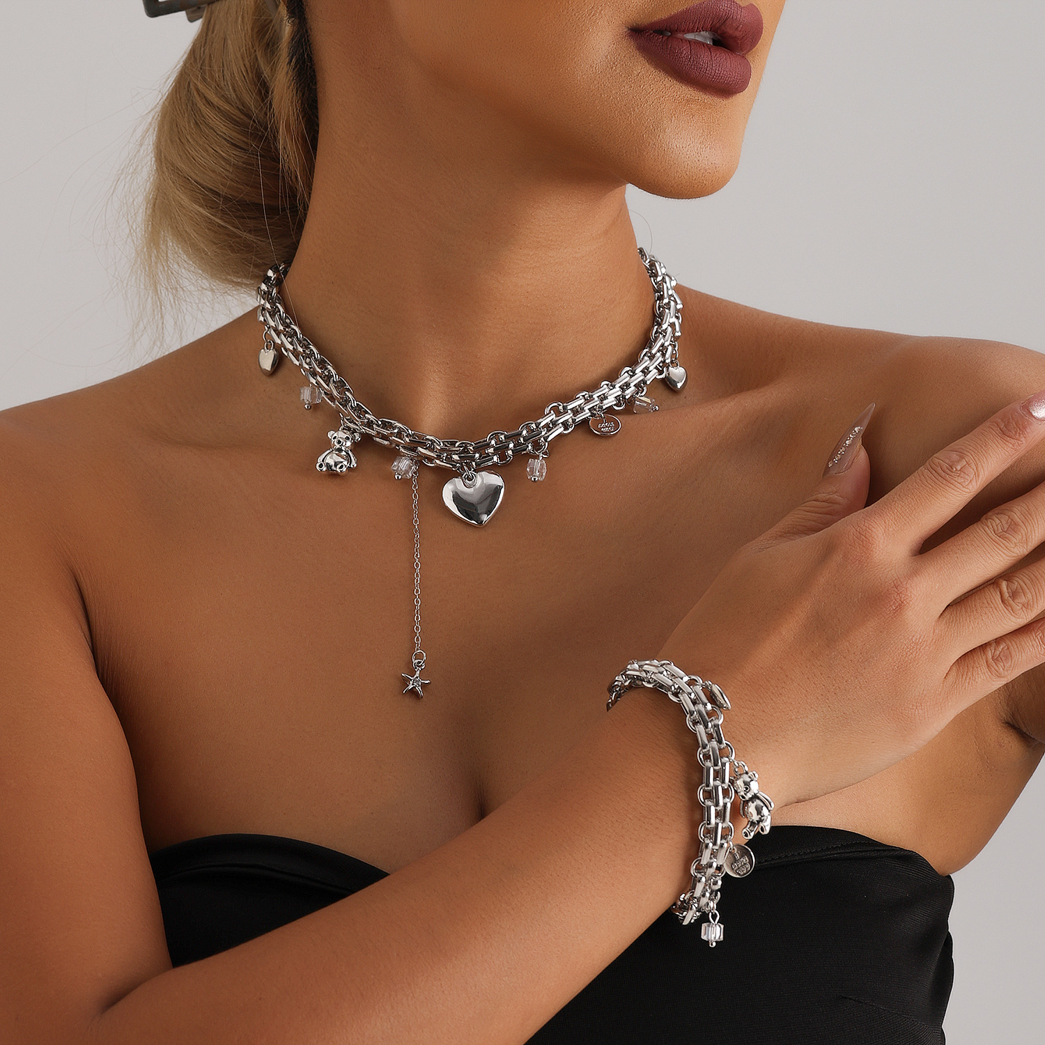 Chic Metallic Feel Love Bear Element Collar Necklace Minimalist Jewelry Set Stainless Steel Silver Plated Pendant Choker Necklace And Bracelet Gifts