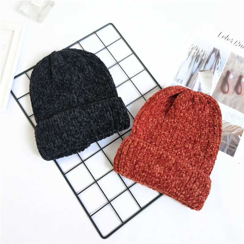 Chunky striped Beanies Hats Winter Women girl Thick Warm Soft Corduroy Knitted Hat Skullies Cap Curled Skullcap Ski SportXJ241213