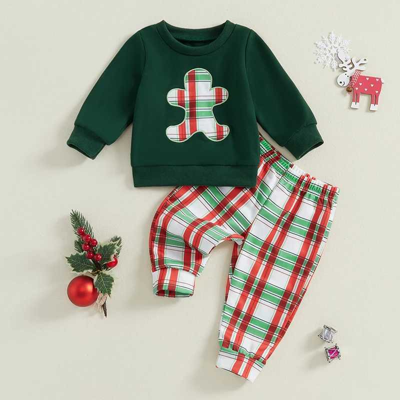 0-3 year baby boy childrens Christmas set gingerbread mens checkered pattern long sleeved sportswear elastic pants 2-piece baby set W241213