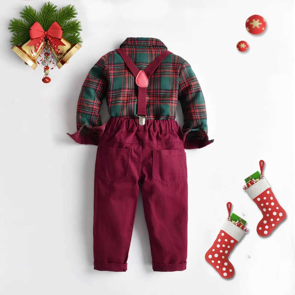 Boutique Boy Christmas Outfit Baby Boys Dress Suit Plaid Shirt Pants Bowtie Formal Set Kids Boys Clothes Winter Festival Costume W241213