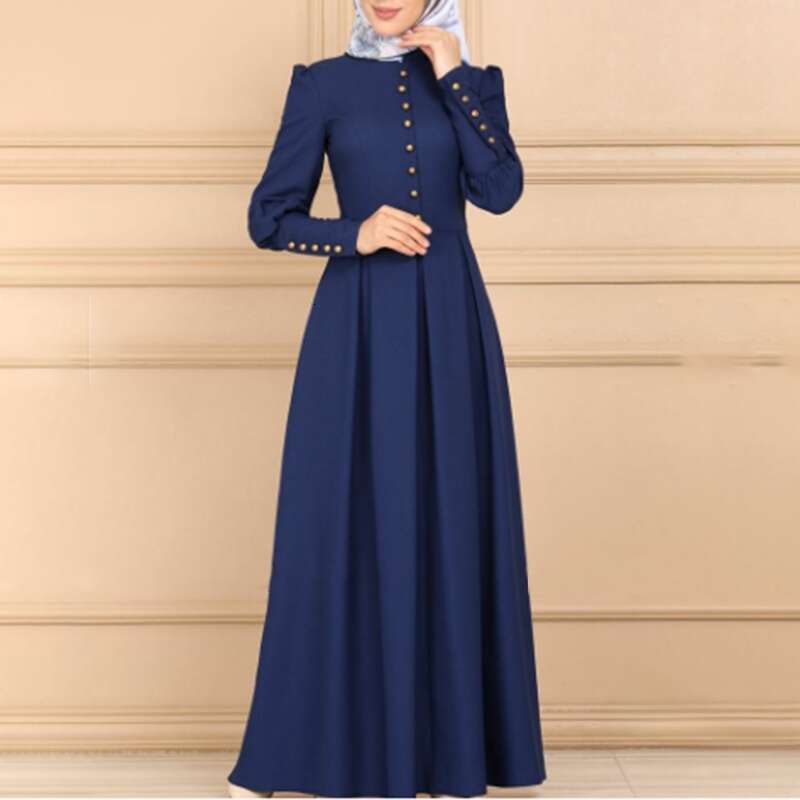 The Intellectual Goddess Has A Round Neck, Sleeved Button Decoration, Simple Versatile Collection Of Cuffs, High Waist, Big Long Skirt, And Dress