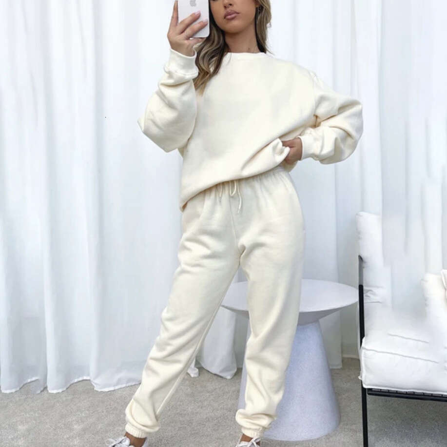 European American Spring And Autumn Pure Color Round Neck Pullover Pants Women's Long Sleeved Hoodie Set Trendy Clothing Fashion Casual Temperame