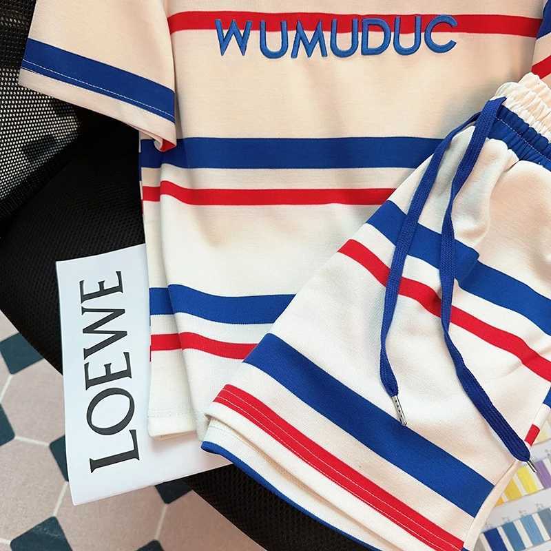 Women's Two Piece Pants Shorts Sets Loose Korean Style Short Slve Striped T-shirt and Lace-up Elastic Waist Pants Two Piece Sets Casual Women Clo