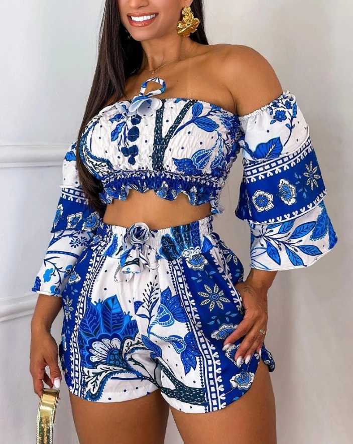 Women's Two Piece Pants Two Piece Set Women Outfit 2024 Summer Floral Print Shirred Off The Shoulder Top Casual Pocket Design Drawstring Shorts S