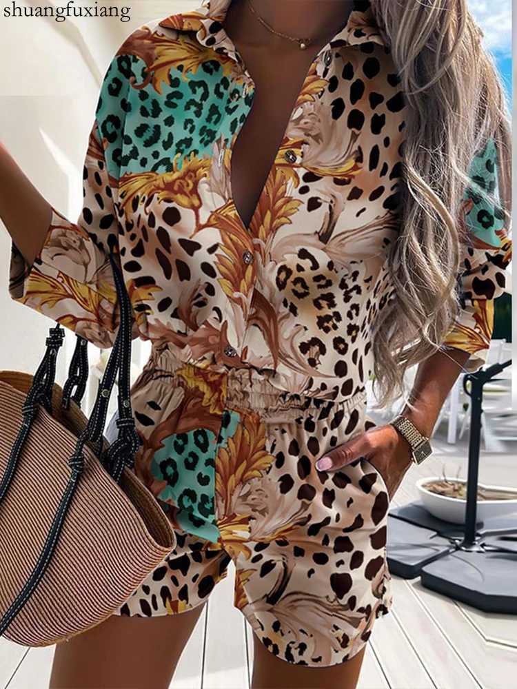 Women's Two Piece Pants Autumn Casual Beach Outfits For Women 2024 Spring Half Slve Shirts Tops And Shorts 2 Piece Set Leopard Print Two Piece Se
