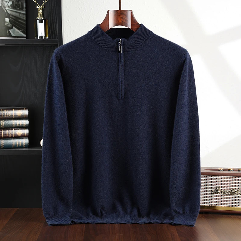 Autumn and Winter Collection 100% Cashmere Mens Casual Half Zipper High Collar Solid Color Sweater for Men 241213