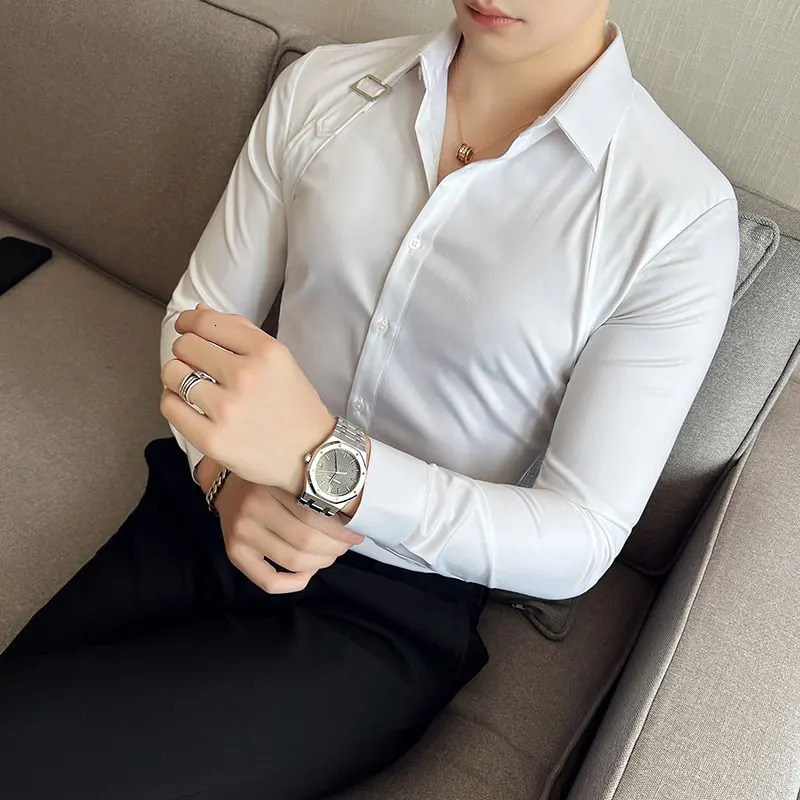 Strap Decorative Shirt Mens Clothing 2024 Korean Long Sleeved Slim Fit Casual Shirts Nightclub Prom Show Dress Shirt 241213bj