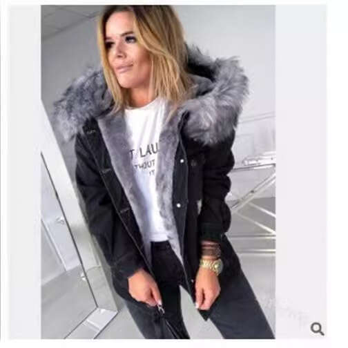 European American Retro Big Fur Collar Denim Jacket With A Warm Fluffy Texture, Mid To Long Cut Distressed Coat, Trendy, Fashionable, And Classic Qual