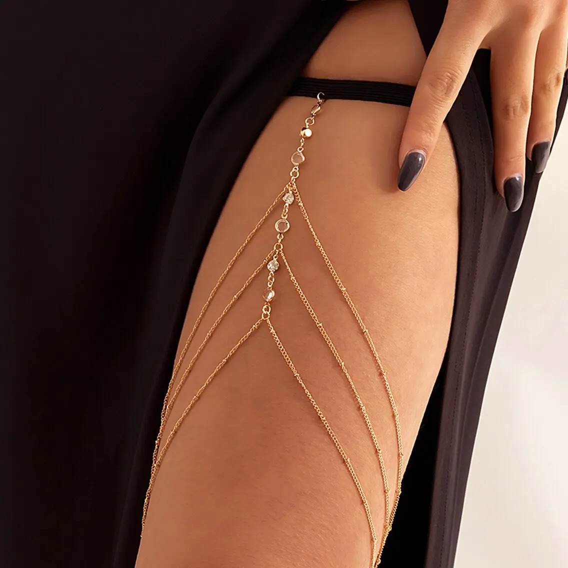 Boho Elastic Band Crystal Leg Thigh Chain for Women Summer Beach Sexy Tassel Multilayer Adjustable Body Jewelry Dress Decorate 241213