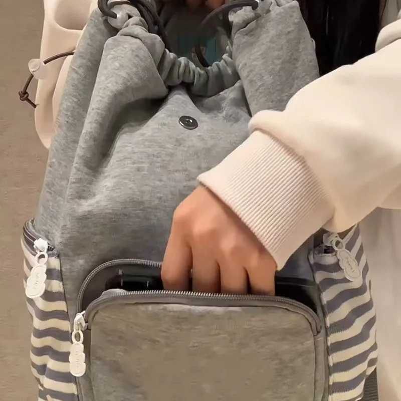 Striped Korean Style Gray Backpacks Rabbit Ears Design Casual Bags Large Capacity Student Tote Bags Versatile Backpack For Wen Z241212