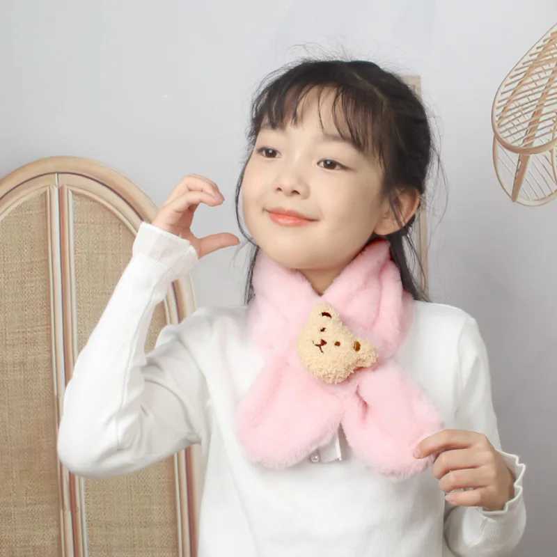 Scarves Wraps Winter Warm Plush Baby Scarf Cute Caroon Bears Boy Girl Newborn Toddler Faux Fur Children Cross Neckerchief Shawls H241213Y5PV