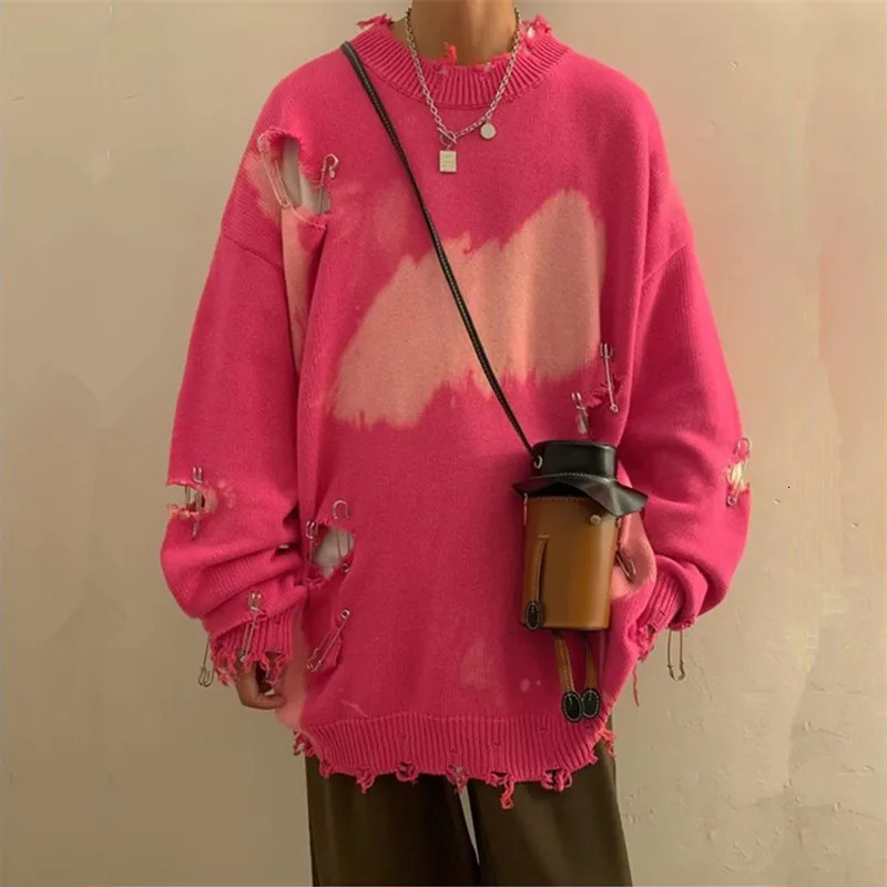 Fashion Couple Oversized Vintage Ripped Pullover Y2K Men Women Pink Knitted Sweater Hip Hop Mens Tie Dye Hole Knitwear Sweaters 241213