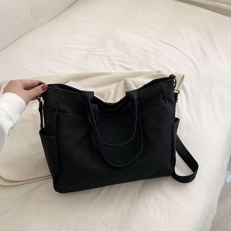 Large Capacity Canvas Solid Color Bag, Women's Single Shoulder Crossbody Handbag, Simple And Trendy College Student Class Bag