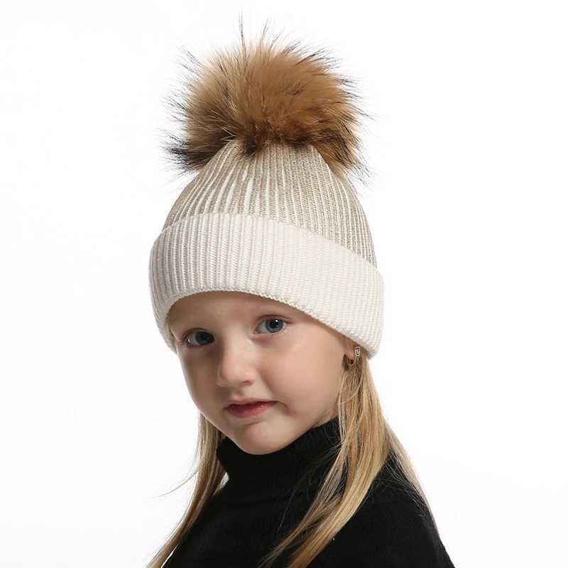 Wool Knitted Winter Hat For Kids Girls Boy Gold Silver Pink Black Metallic Print Beanie Real Fur Pompom HatXJ241213