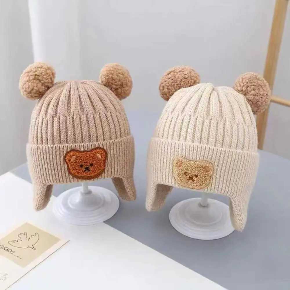 Bear Ear Protection Knitted Hat Winter Baby Beanie Cap for Toddler Boys Girls Cute Korean Warm Kids Crochet HatsXJ241213