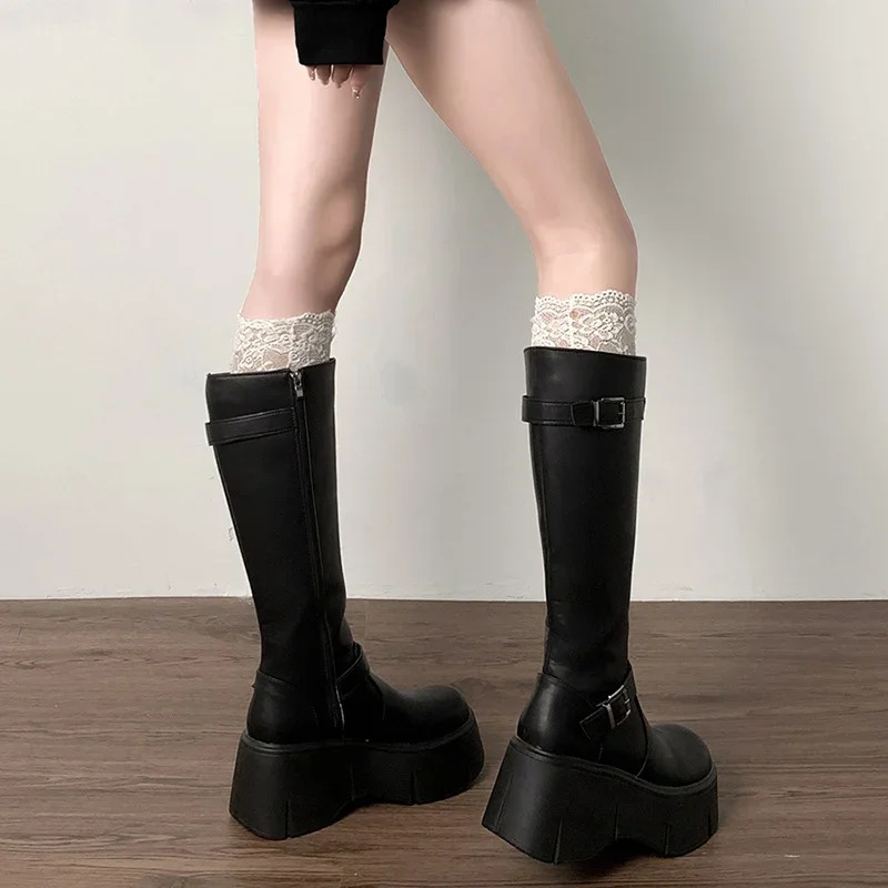 Platform Wedges Heel Women Knee High Boots Fashion Belt Buckle Slip On Long Booties Autumn Winter Female Shoes 241213
