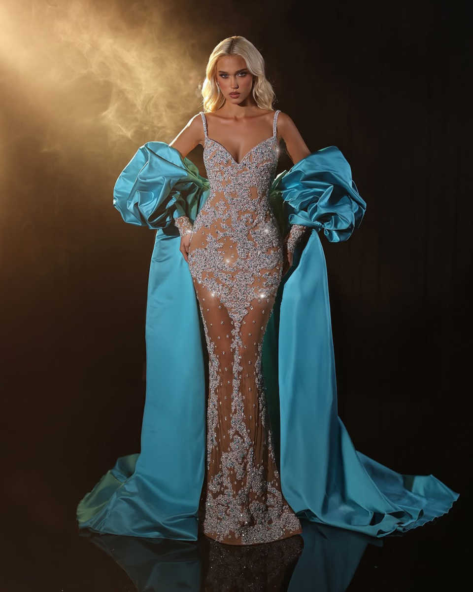 Sexy Evening Dresses For Women Spaghetti Strap Sleeveless Backless Gown See Through Sequins Crystal Wrap Customized Dress