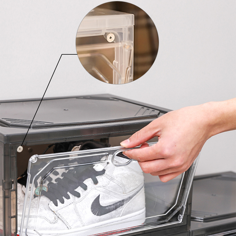 Assembly free integrated magnetic side opening basketball shoe box acrylic transparent storage shoe box foldable and easy to use with just one pull