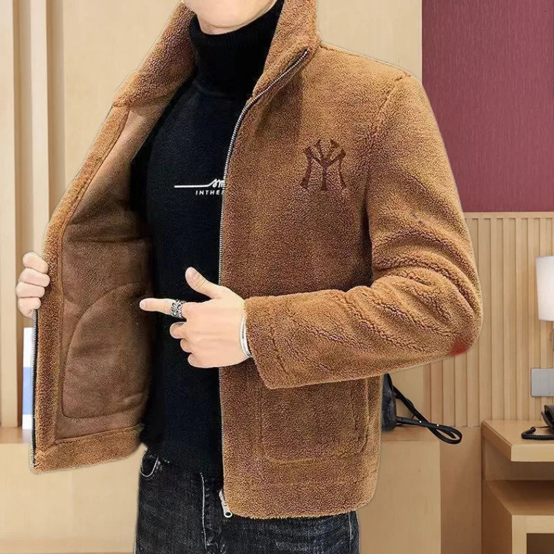 Mens Autumn and Winter Lamb Wool Jacket Lapel with Thick Fleece 241213