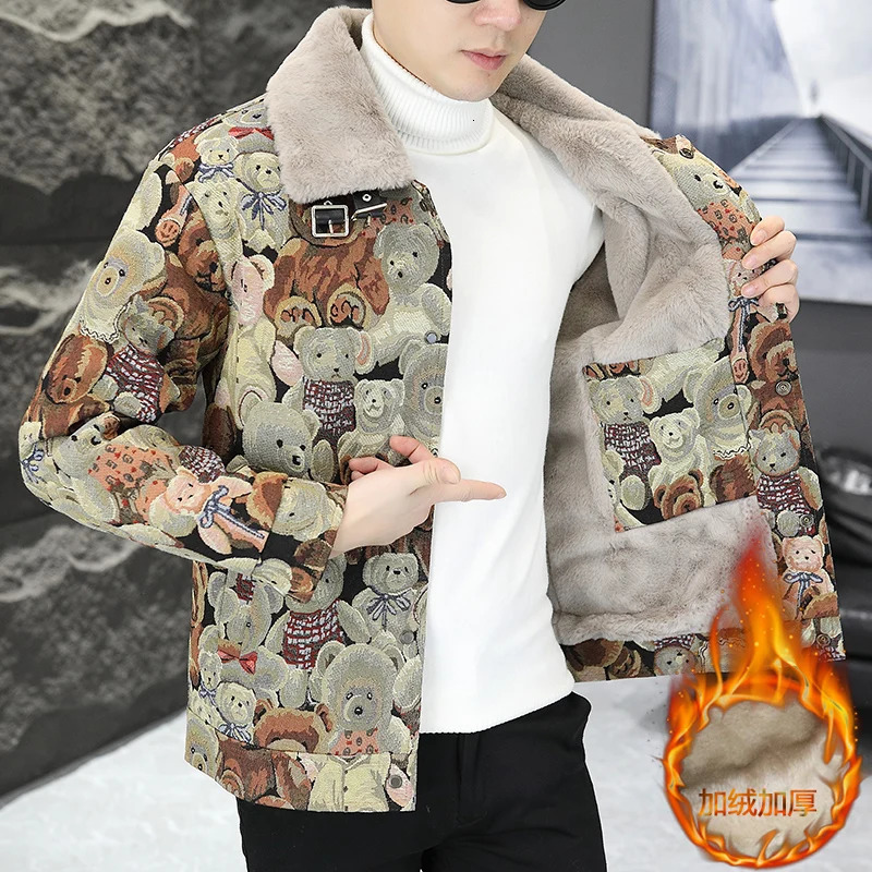 Autumn Winter Fashion Trend Bear print Wool Coat Mens Casual Loose Thicken Warm High Quality turndown collar Jacket 241213