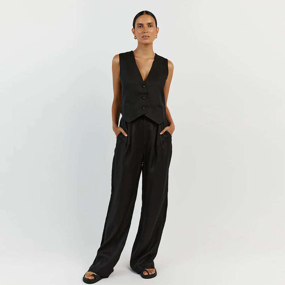 Women's Summer New Cotton And En Sleeveless Vest Casual Fashion Straight Leg Pants Two-Piece Set