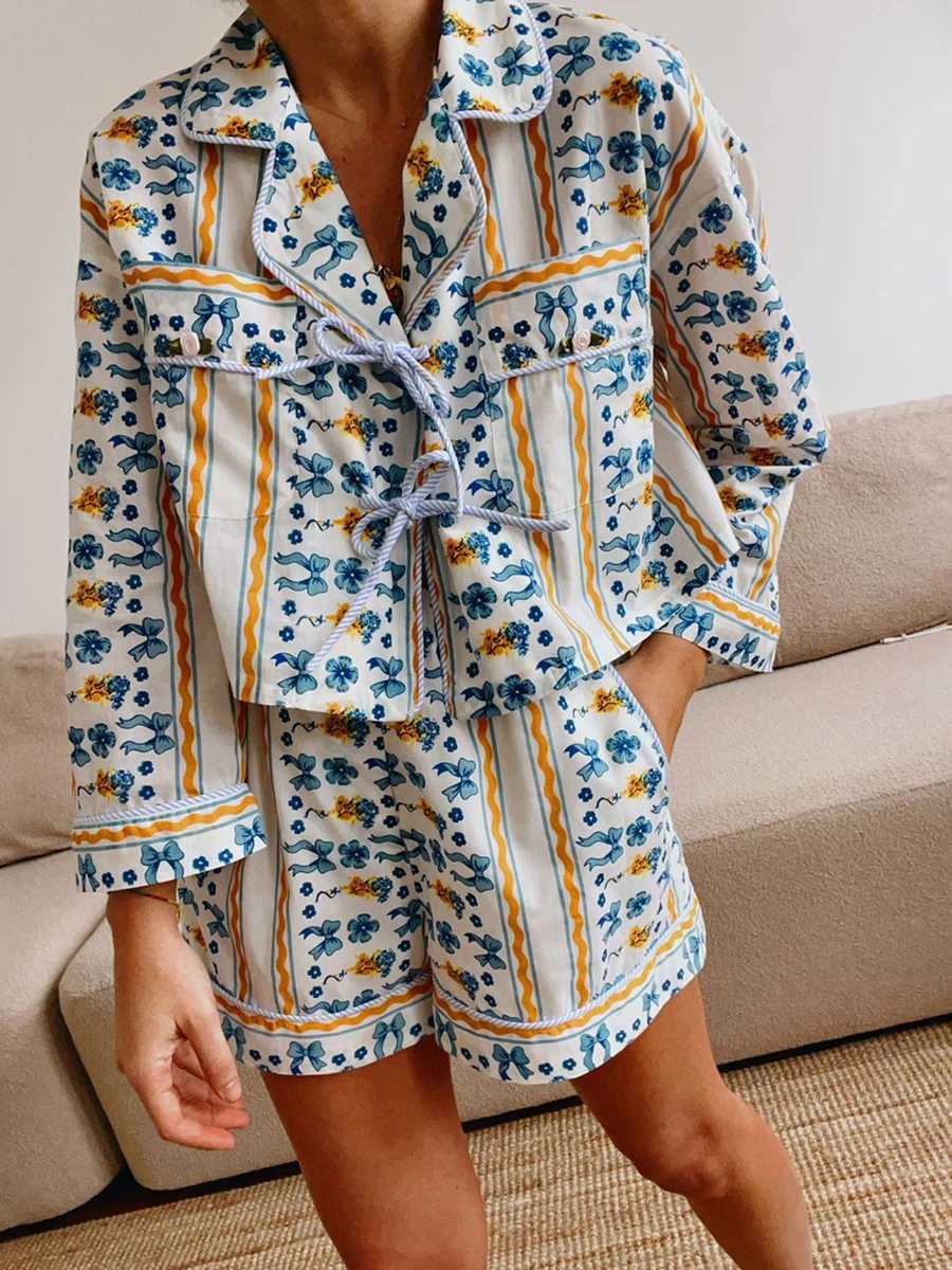 Women's Two Piece Pants Women 2 Piece Casual Lounge Sets Y2k Puff Slve Peplum Shirt Tie Front T Shirt Shorts 2pcs Pajamas Sets Y241213YVJZ