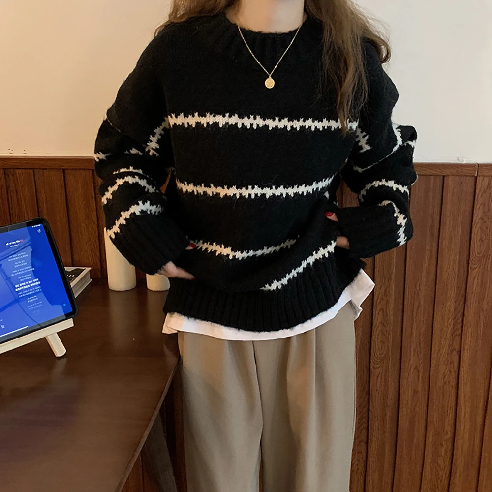 Women Sweater Casual Pullovers Autumn Winter Basics Knitted Korean Loose Striped Oneck Long Sleeve Elegance Sweet 241203