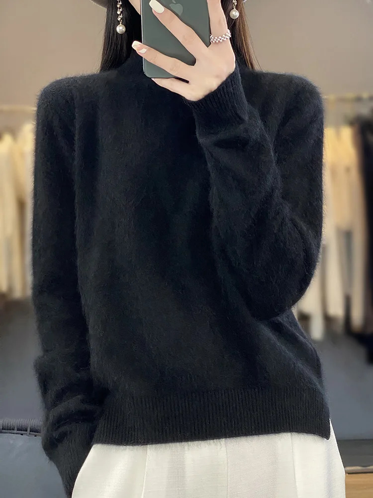 100 mink cashmere sweater for women half high collar floral long sleeved knitted fashionable autumn womens clothing 241212