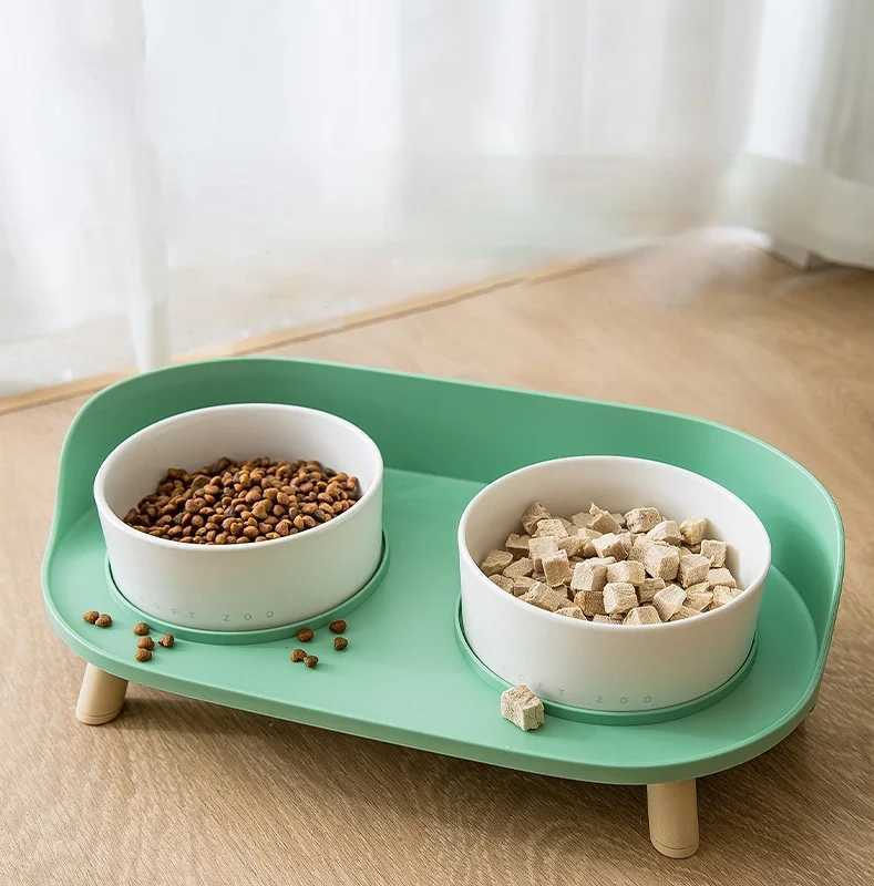 Cat Feeders Cats Food Water Feeder Cat Double Bowls with stand Puppy Ceramic Double Drinking Dish Bowl Wooden Rack Pet Tableware food tray z241213