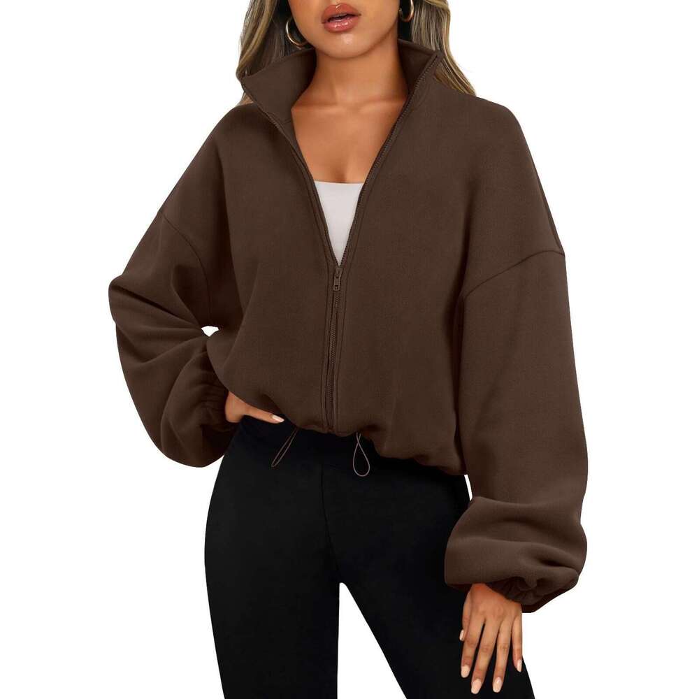 Autumn Fashion Casual Stand Up Collar Long Sleeved Zipper Drawstring Warm Cardigan Loose Hoodie Fashionable Quality Classic