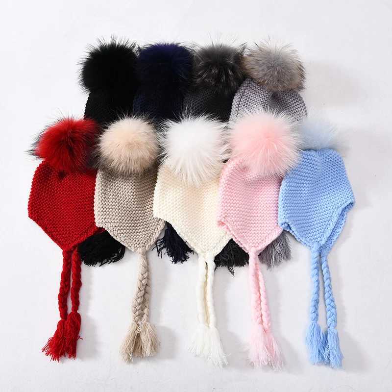 Children Kids Fur Pompons Earflap Hat Tassel Crochet Braids Beanie Hat Natural Fur Caps for Baby Real Raccoon Fur Bobble HatsXJ241213