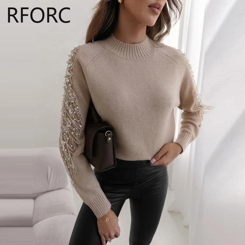 2023 Women Solid Hook Flower Hollow Sequins Patch Long Sleeves Knitting Pullovers Tops 241203