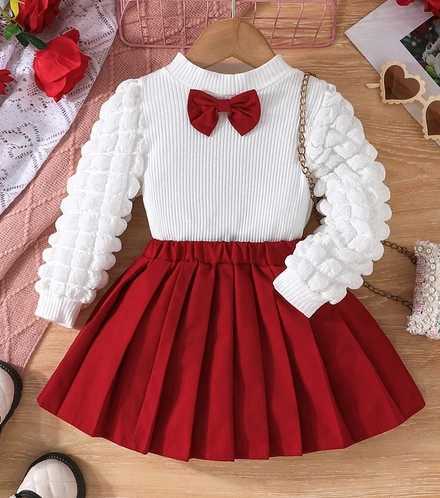 ma baby 3-8Y Infant Toddler Kid Girls Clothes Sets Puff Sleeve Bow Front Tops + Skirt Fall Spring Children Outfits Clothing W241213