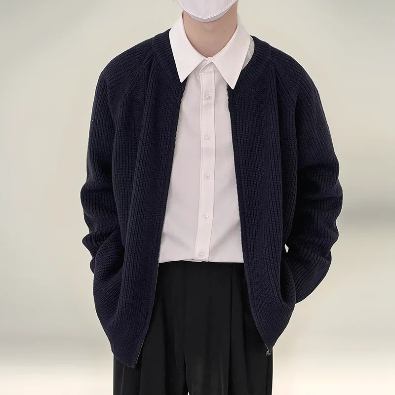 Y2K Knitted Sweater Men Spring Autumn Casual Ins Fashion Cardigan Zipper Sweaters Coats Solid Color Zip Up Jacket 241213