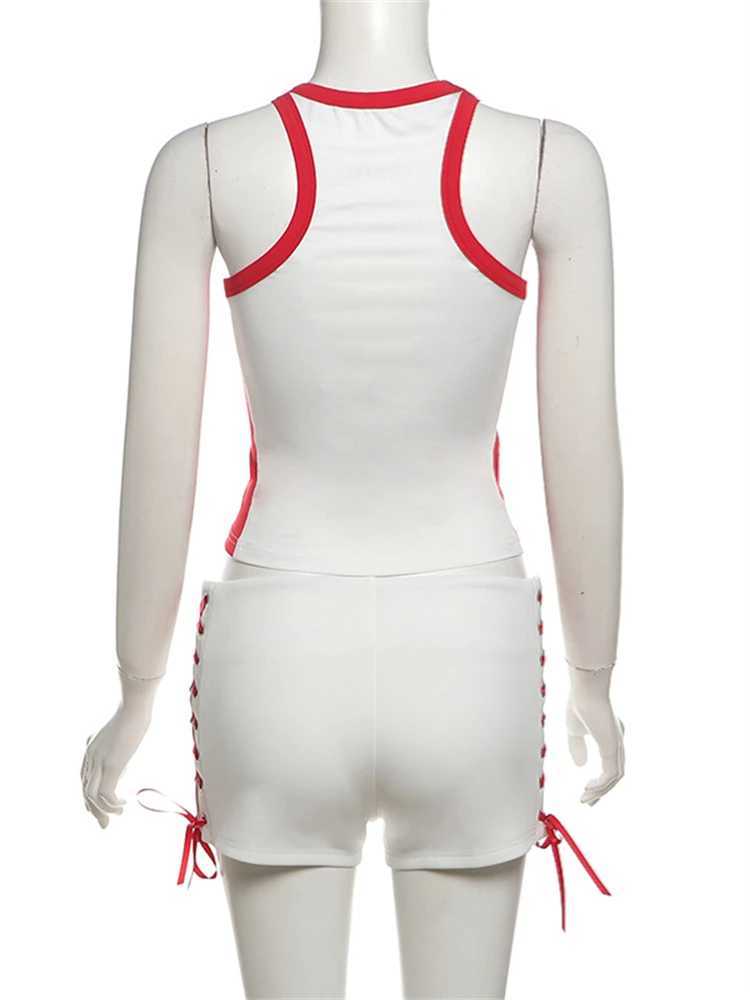 Women's Two Piece Pants WLWXR Summer Casual Sporty 2 Piece Set Women Outfits 2024 Letter Graphic Contrast Tank Top And Cross Straps Shorts Matchi
