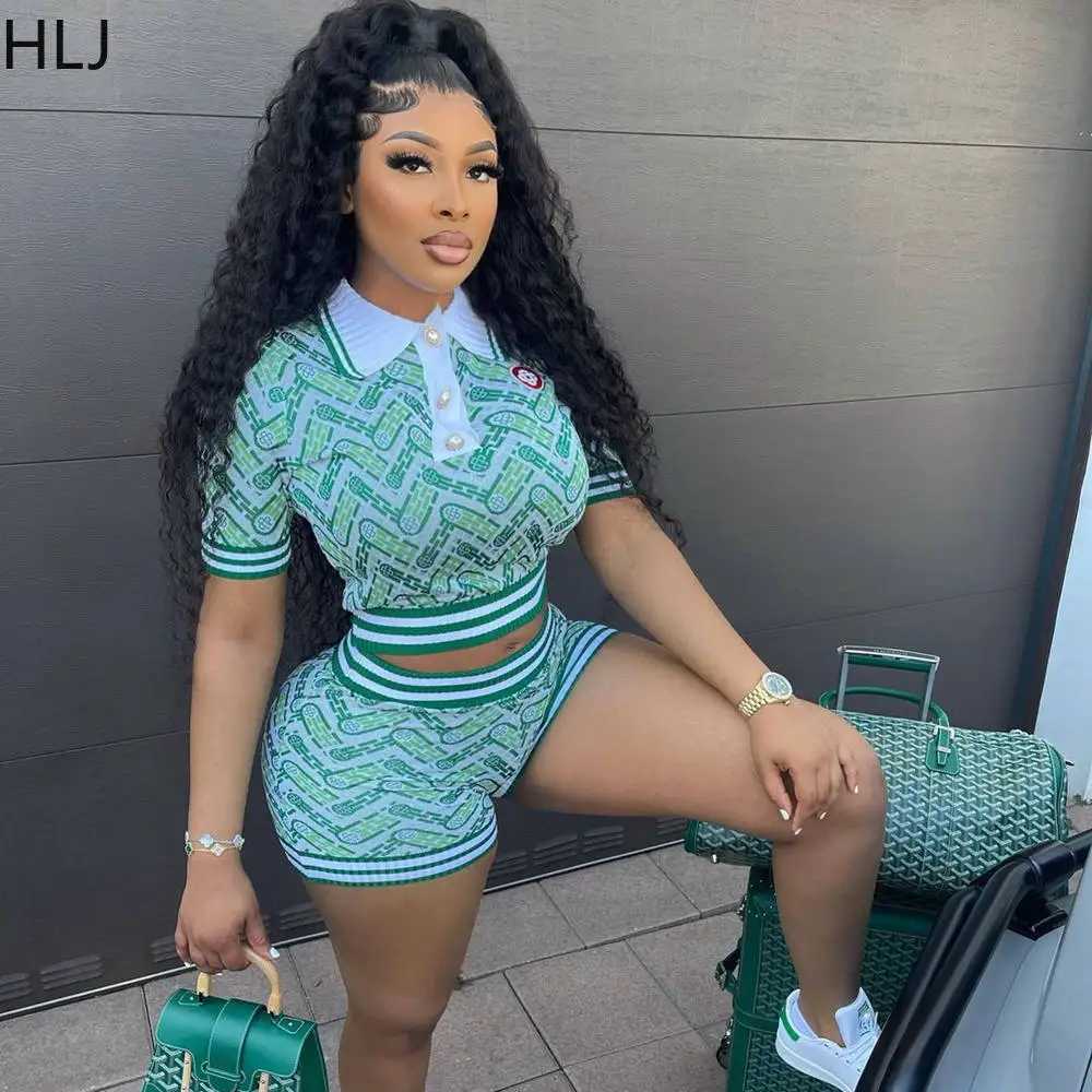 Women's Two Piece Pants HLJ Blue Summer Printing Shorts Two Piece Sets Women Polo Nack Crop Top And Shorts Outfits Fashion Y2K Matching 2pcs Strt
