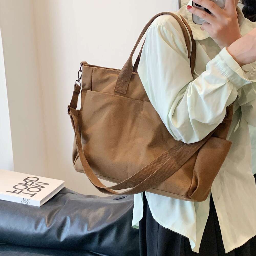 Large Capacity Canvas Solid Color Bag, Women's Single Shoulder Crossbody Handbag, Simple And Trendy College Student Class Bag