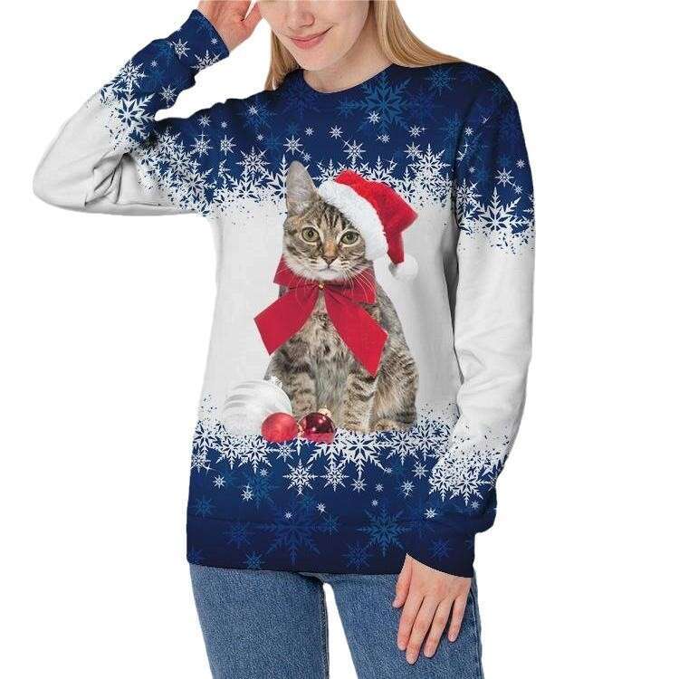 Foreign Trade Women's Cat Christmas Hat Printed Hoodie Trendy Clothing Fashionable Casual Temperament