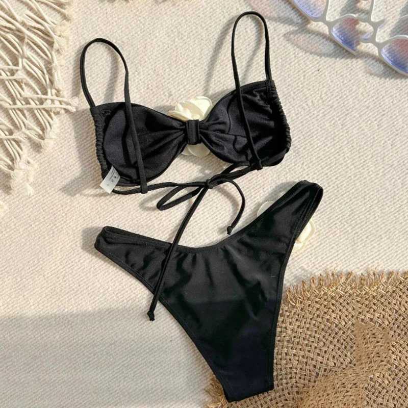 Sexy Flower Bandeau Swimwear Thong Bikini 2025 Women Lace-up Swimsuits Swimming Bathing Suit Brazilian Bikinis Set Mujer BiquiniXJ241212