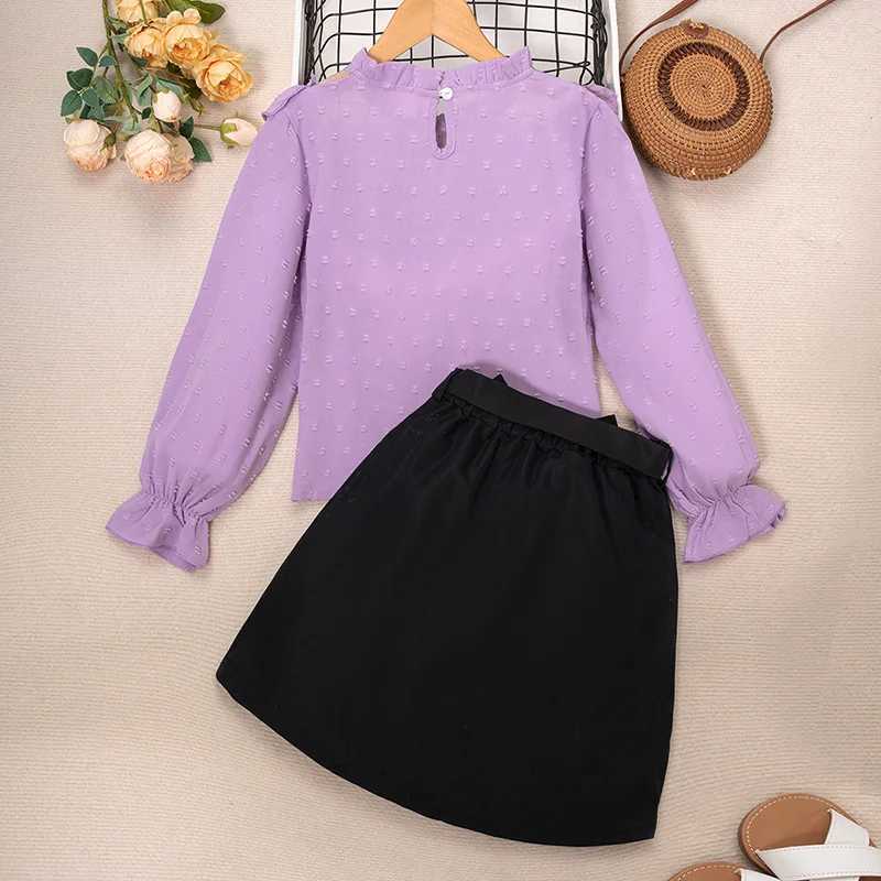 Girls Spring Autumn Suit Solid Color Long Sleeve Lace Hollowed Out Pleated Top And Belt Button Decorated Short Skirt Casual Set W241213