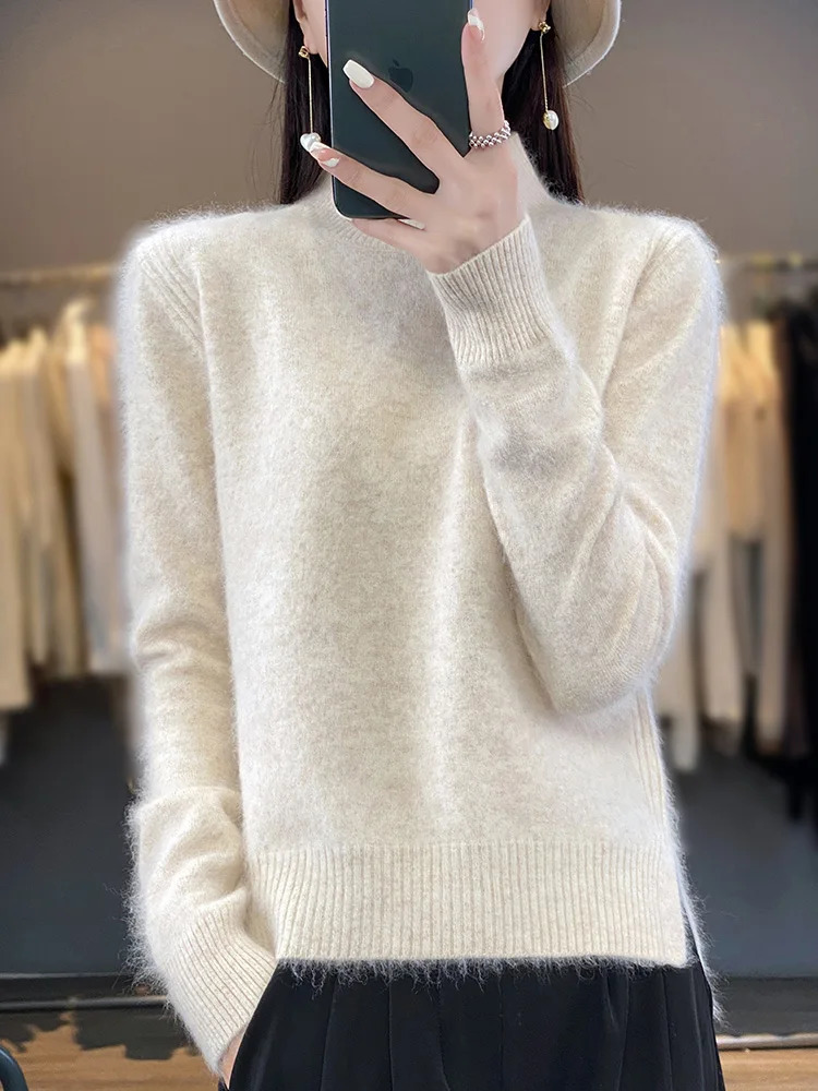 100 mink cashmere sweater for women half high collar floral long sleeved knitted fashionable autumn womens clothing 241212