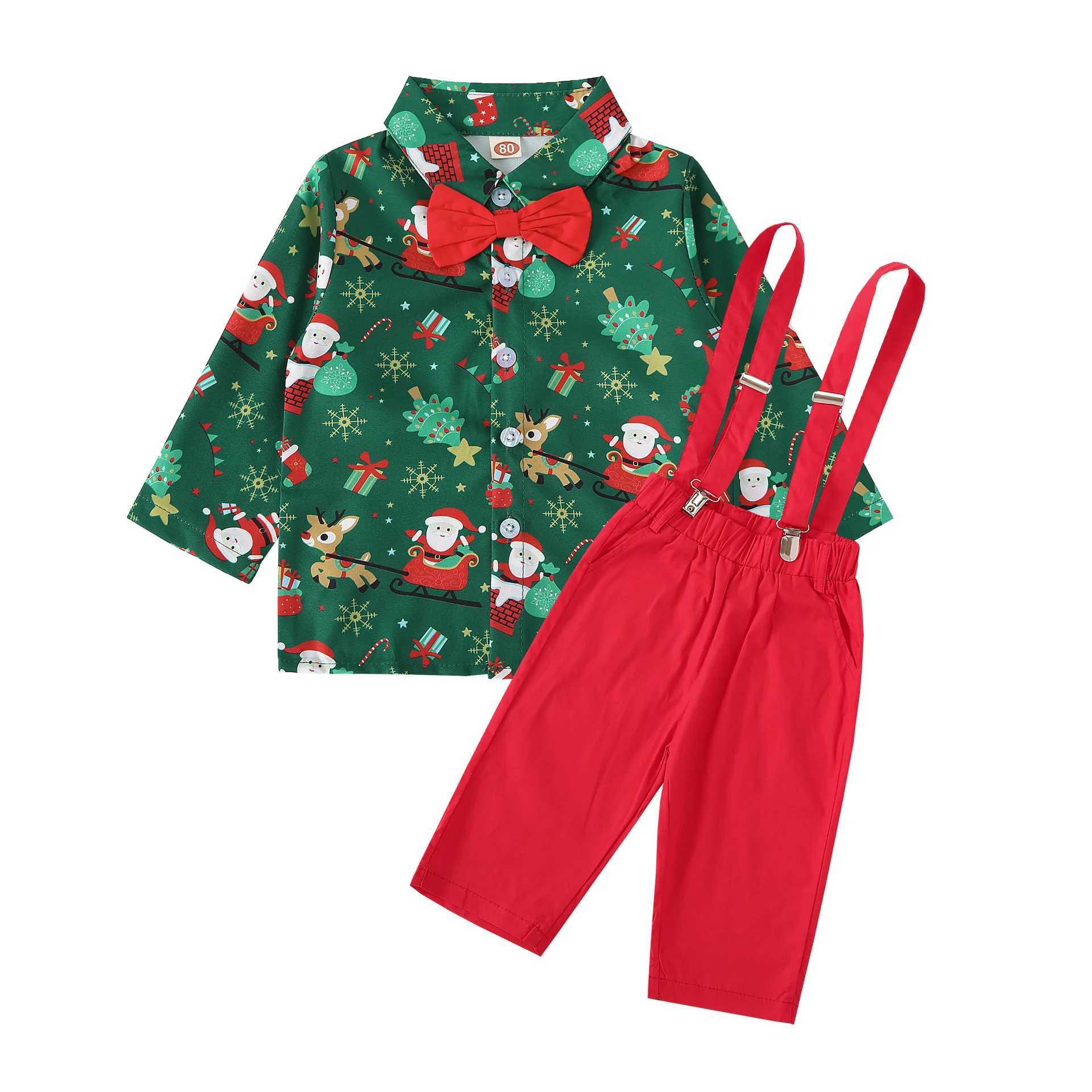 Autumn and winter casual and fashionable childrens Christmas shirt set Christmas short sleeved set boys two-piece set W241213